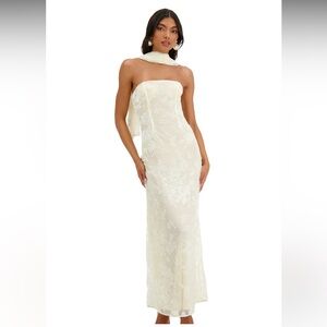 Alamour the Label Semi Sheer Velvet Flower Ivory Strapless Dress with Scarf